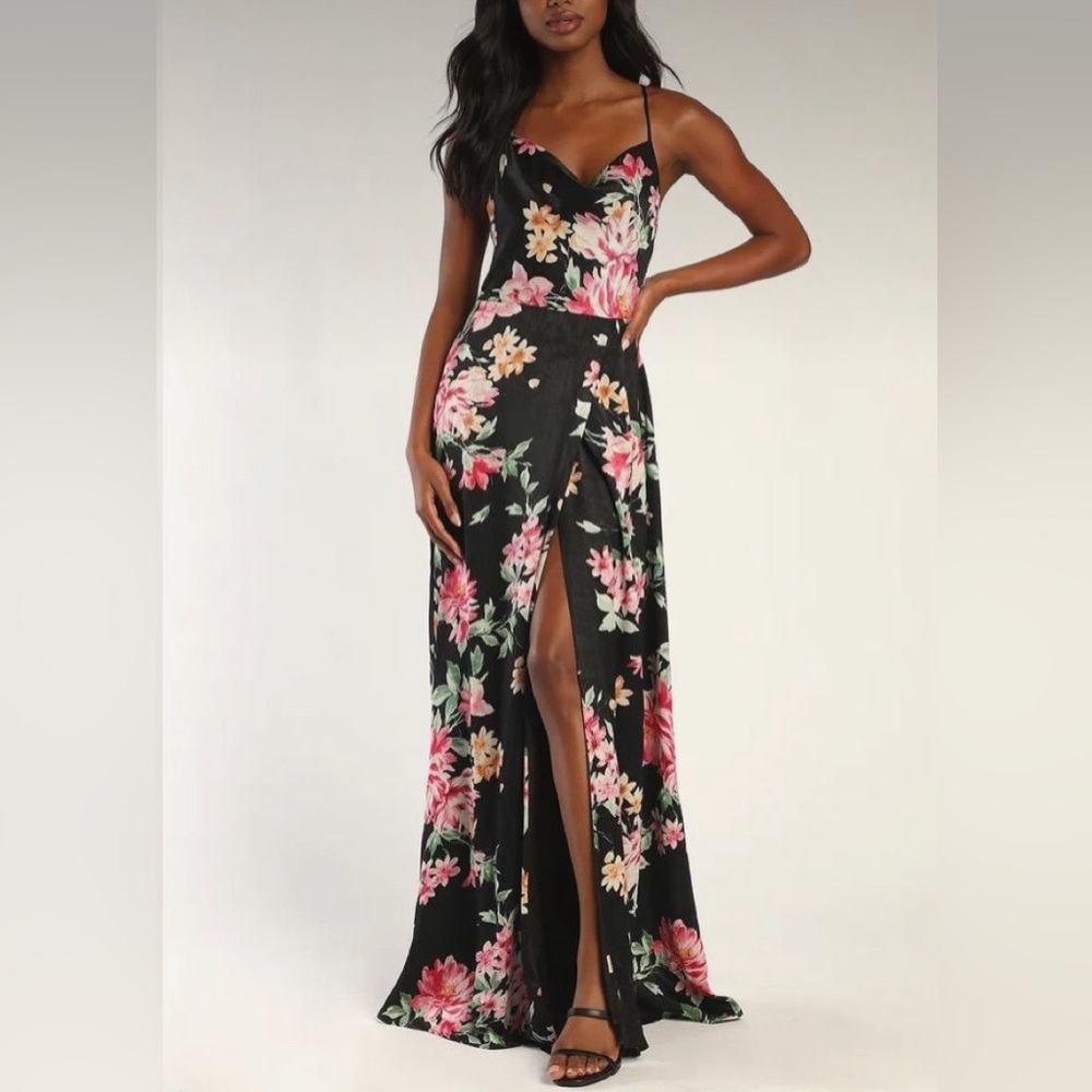 Lulu’s Love of Romance black floral satin cowl neck dress XS